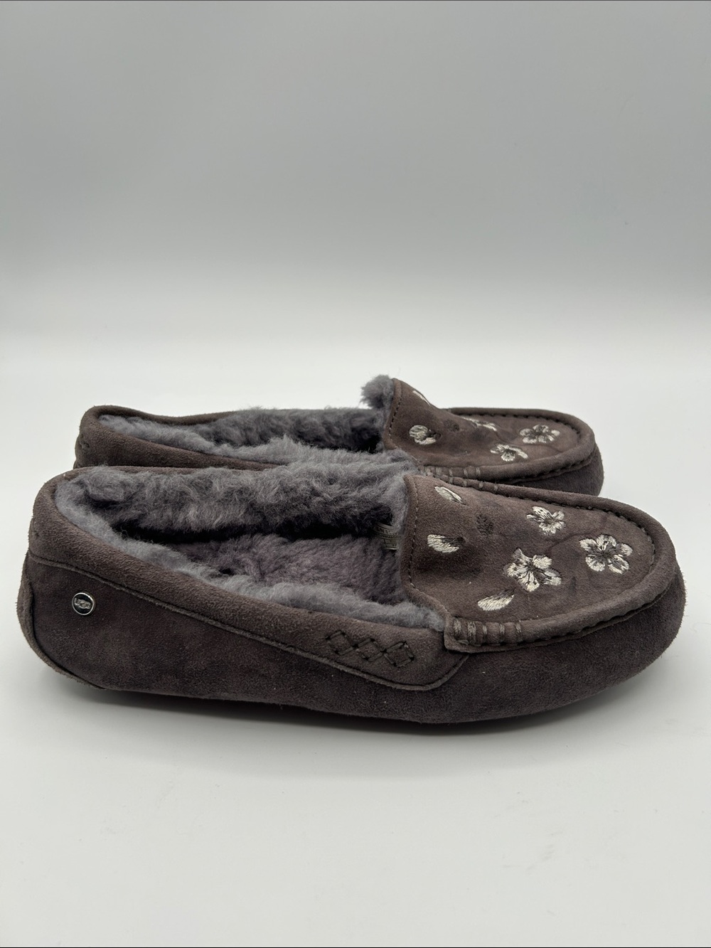 UGG Ansley Blossom Gray Suede Moccasin Slippers with Plush Shearling Lining - Picture 7 of 16
